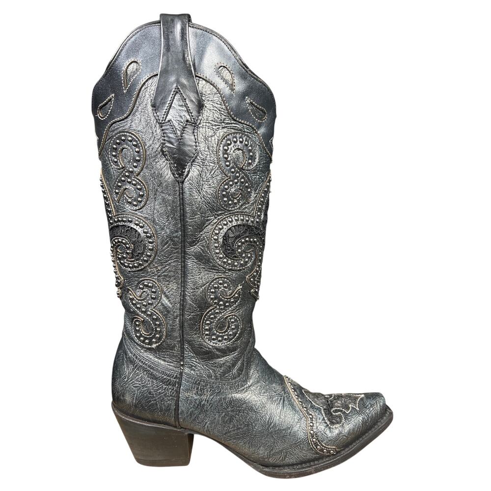 Corral Women’s Metallic Grey Leather Studded Western Cowboy Boot Size US 8